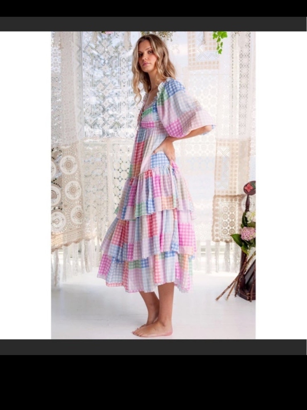 Fillyboo X Free People Aileen Maxi Gown Pastel Gingham Tiered Midi Dress C3